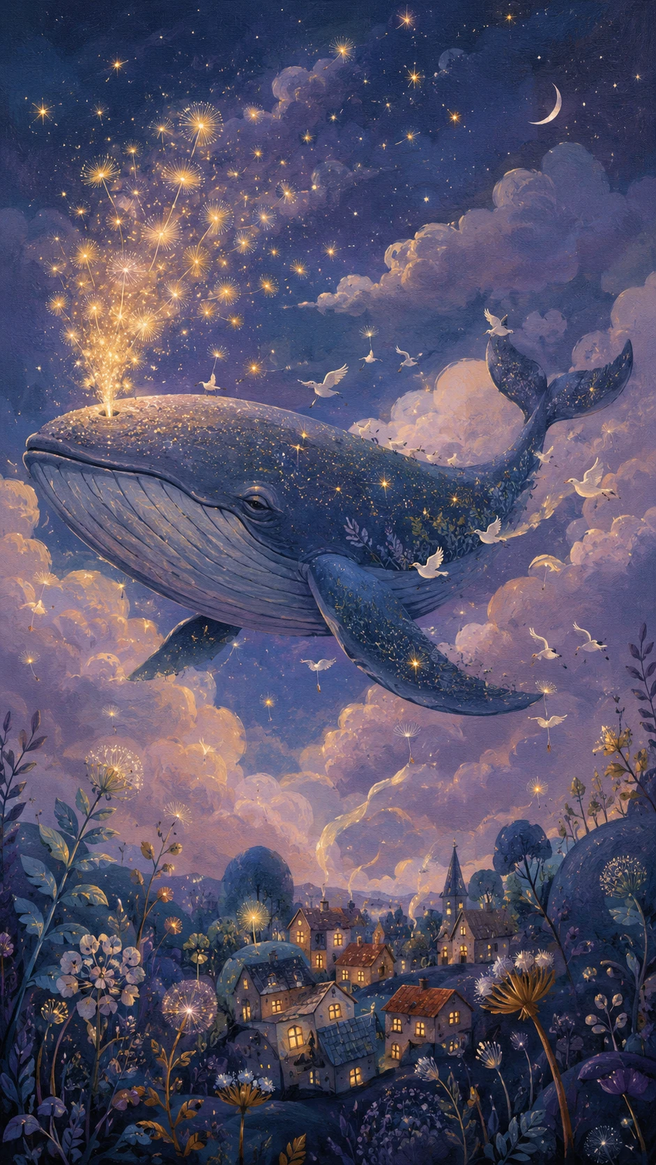 Ballena celestial flotando entre nubes crepusculares sobre aldeas