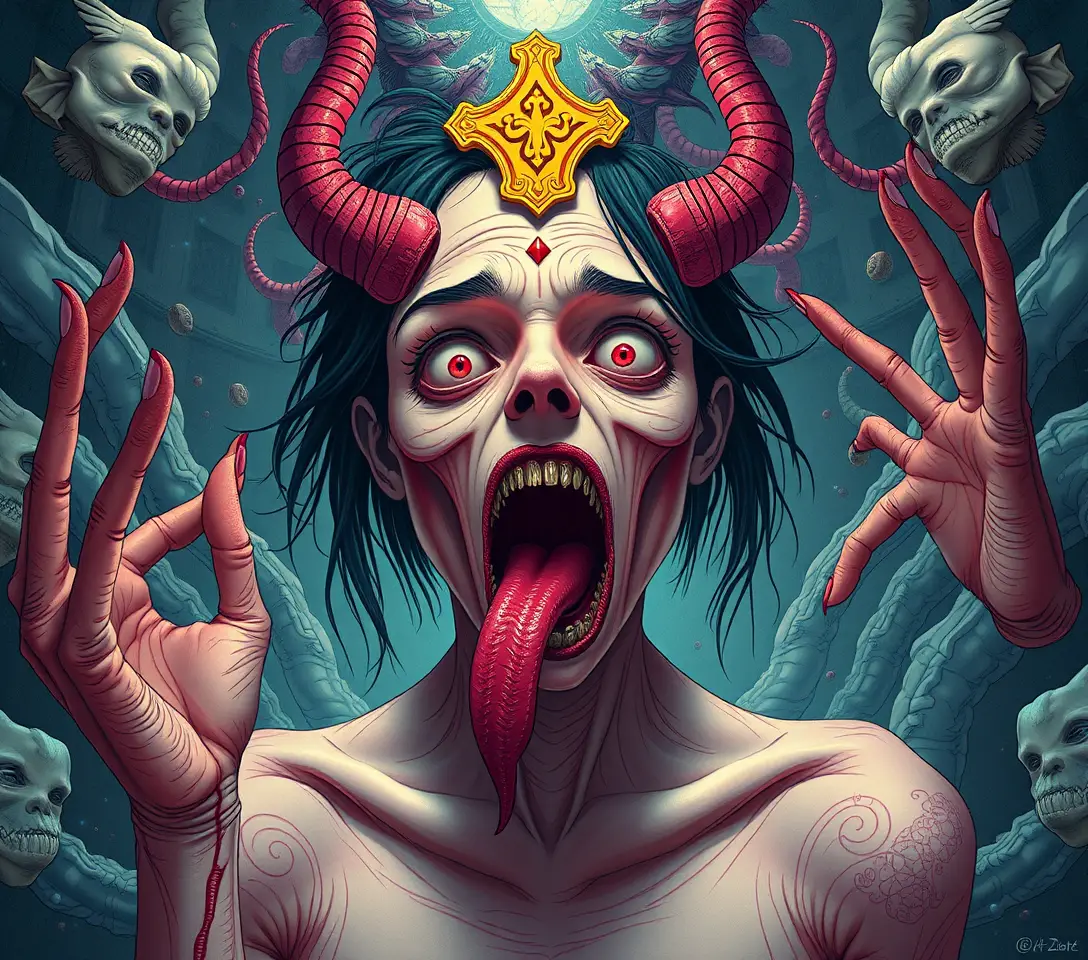 Surreal fantasy woman between sacred and carnal forces