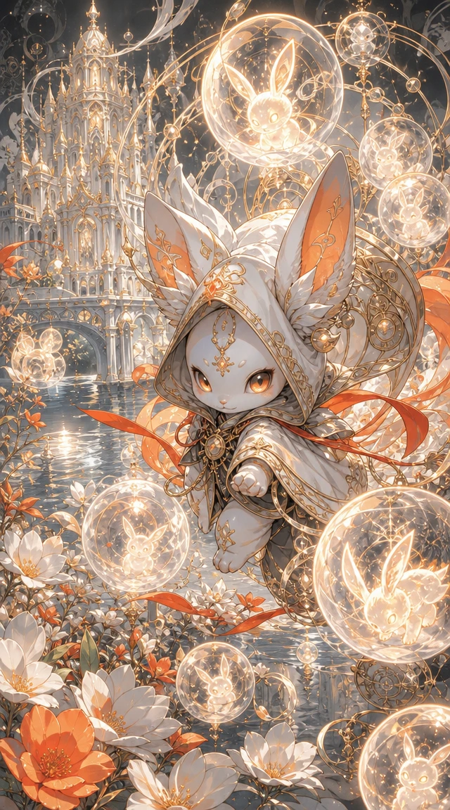 Mythical spirit creature by a white fantasy palace river