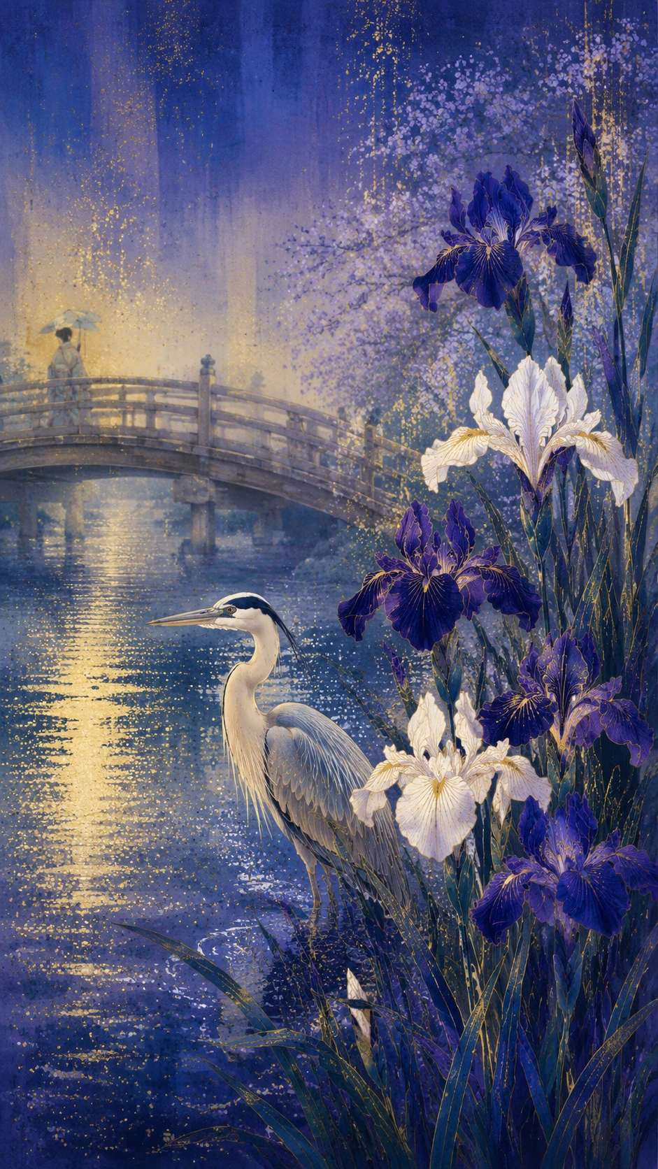 Garza elegante con flores de iris junto a una orilla tranquila