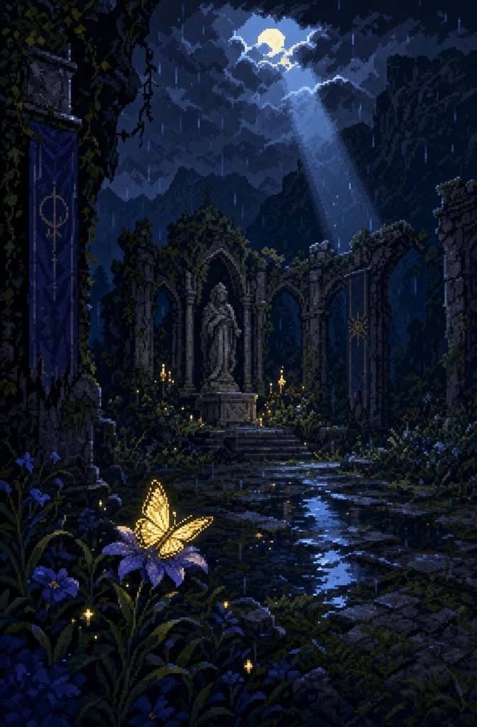 Pixel art de santuário arruinado com borboleta luminosa na chuva