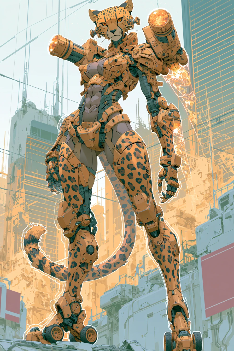 Tall anime mech warrior woman in cheetah themed armor