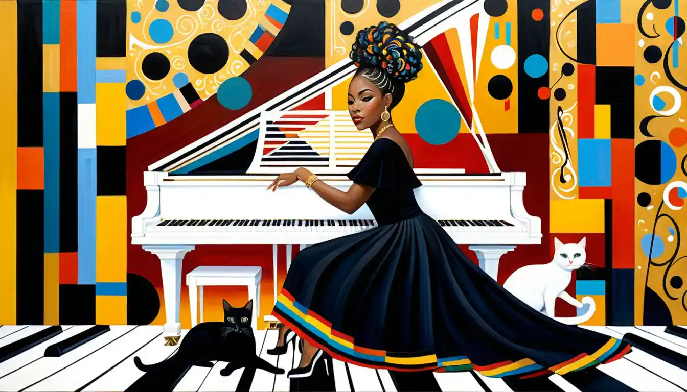 Elegante donna con abito a tasti di pianoforte al pianoforte bianco