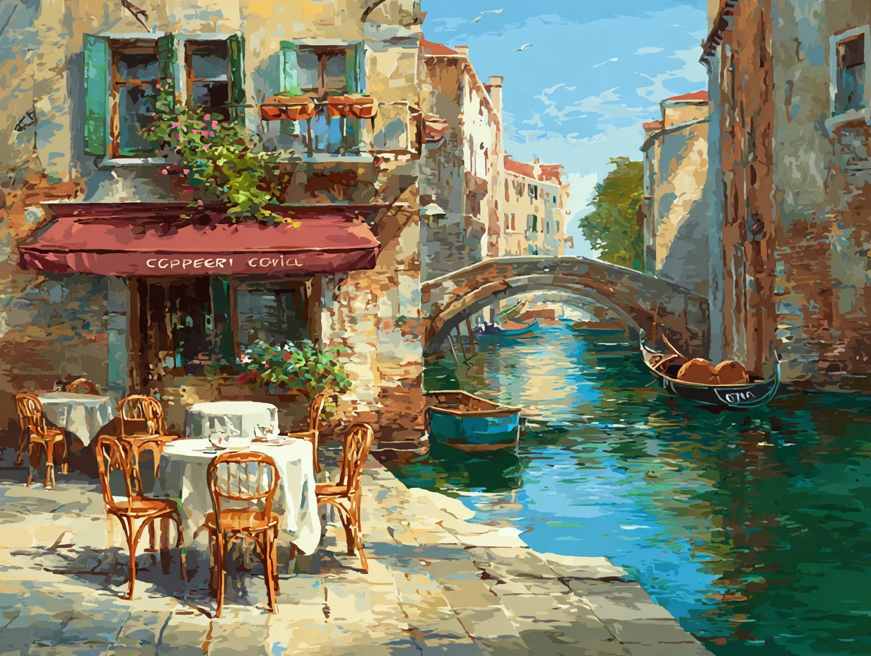 Cafetería junto al canal en Venecia con vista soleada a las góndolas