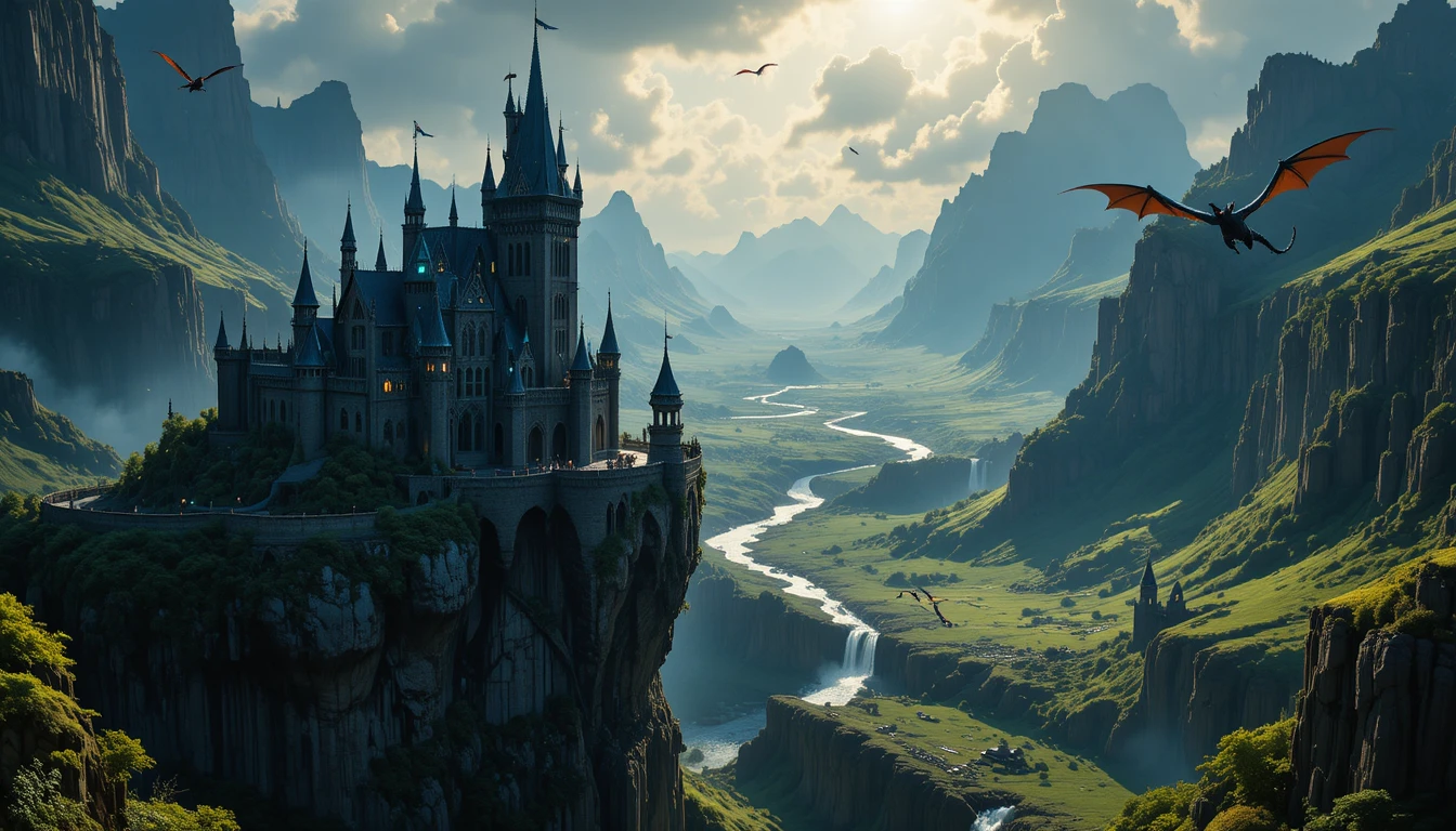 Épica vista aérea de un castillo oscuro de fantasía en un acantilado