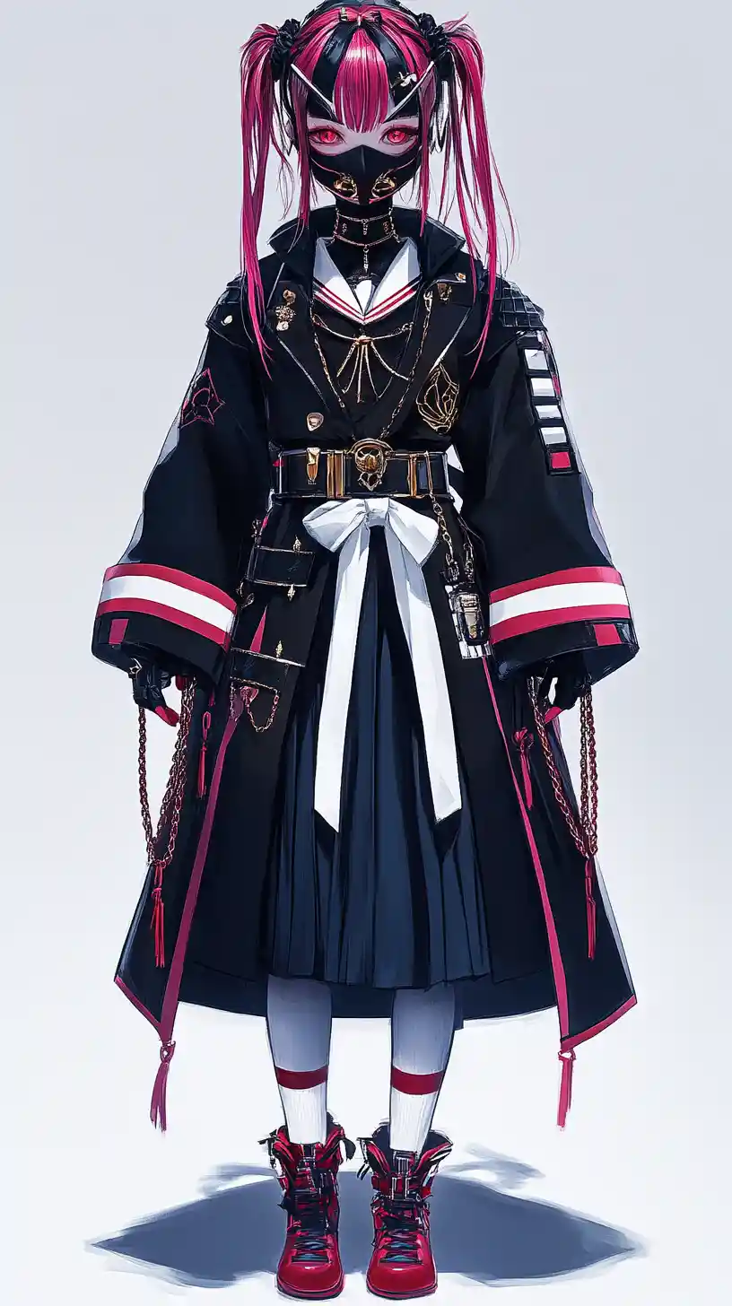 Masked anime girl in dark fantasy coat and starry skirt
