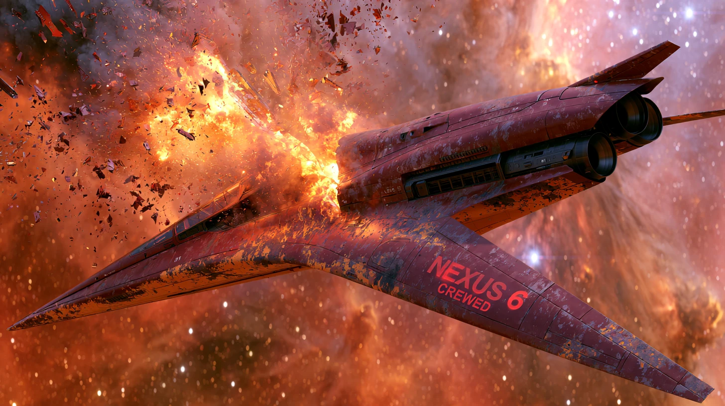 Nave de ataque borgoña explotando cerca de la nebulosa de Orión
