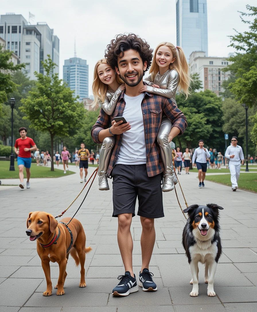 Hombre cargando a sus amigos y paseando perros en un parque de la ciudad
