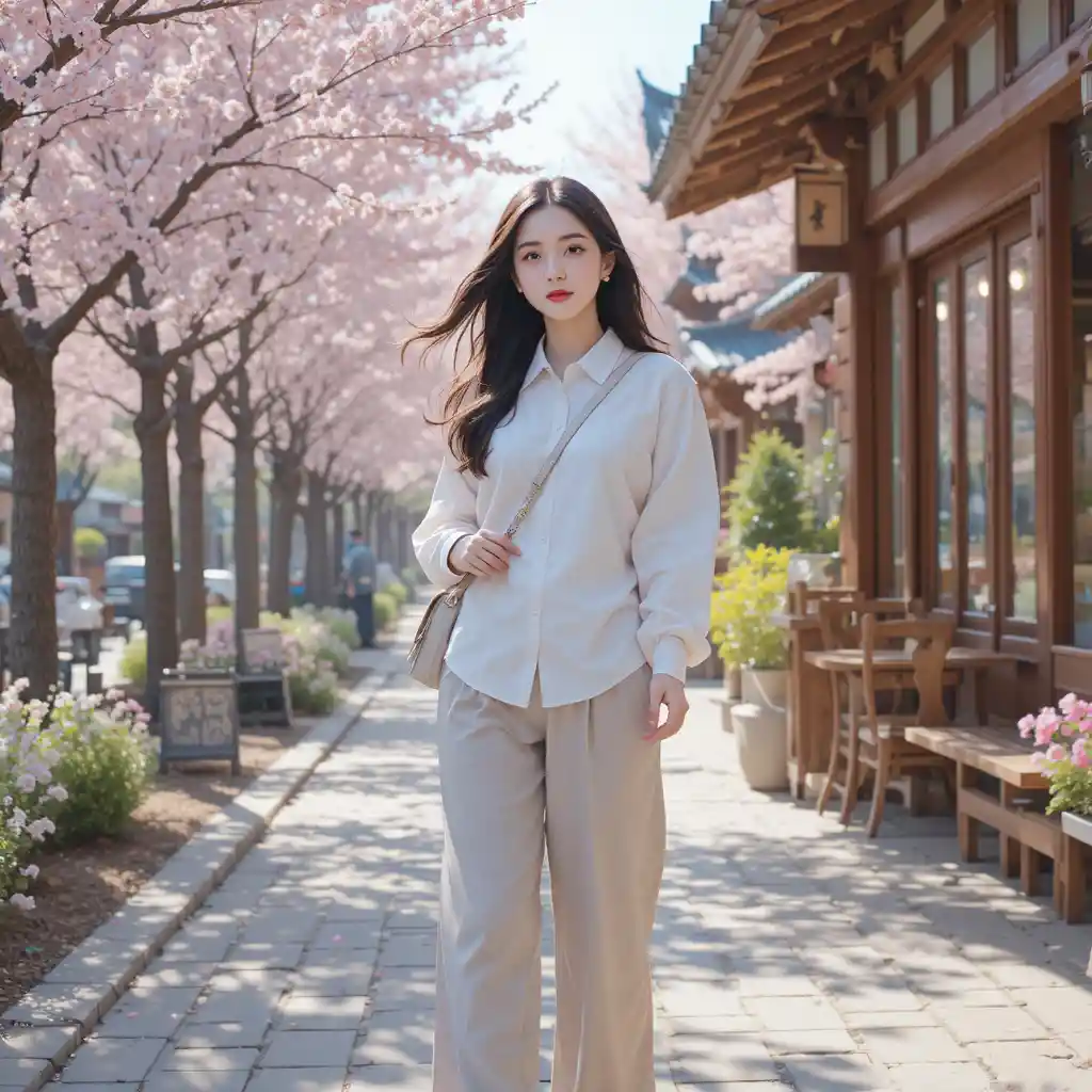Cute Korean girl on a cherry blossom street in Seoul