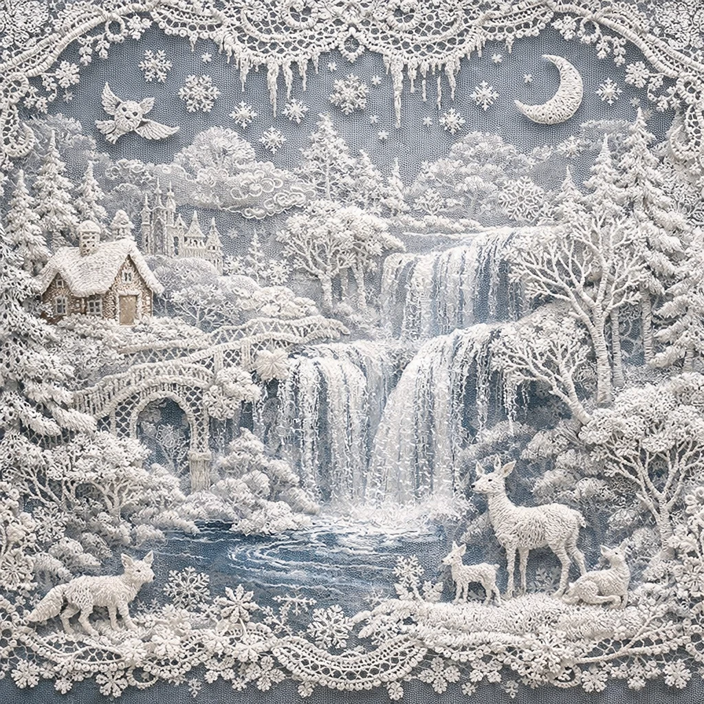Delicado arte de encaje en un paisaje invernal de cascada fantasiosa