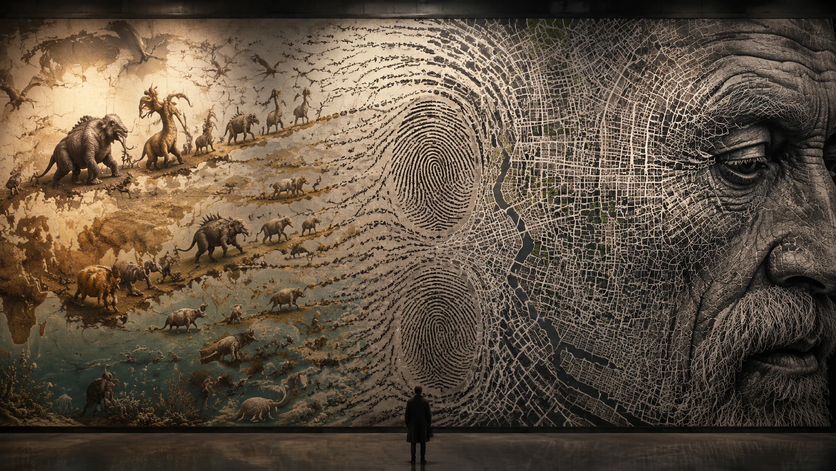 Enorme mural de animales del futuro cruzando continentes antiguos