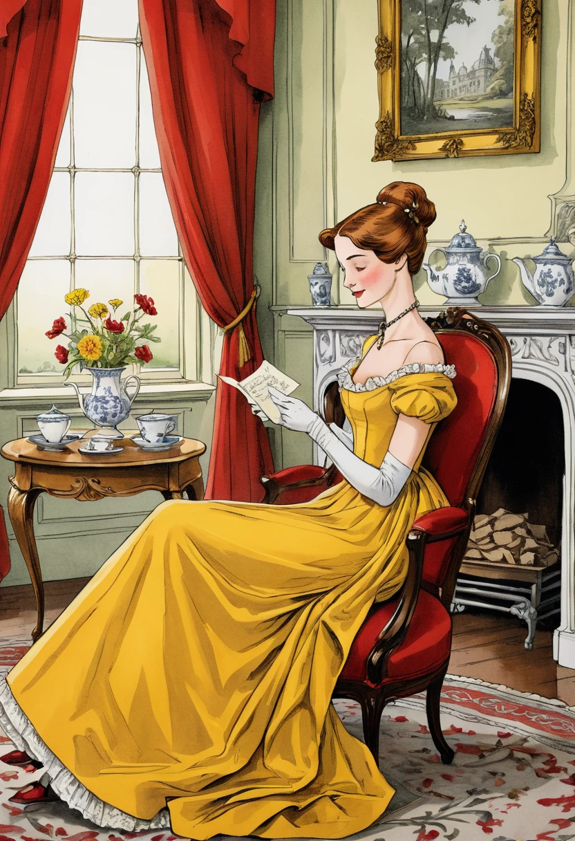 Mujer elegante con vestido amarillo en salón victoriano