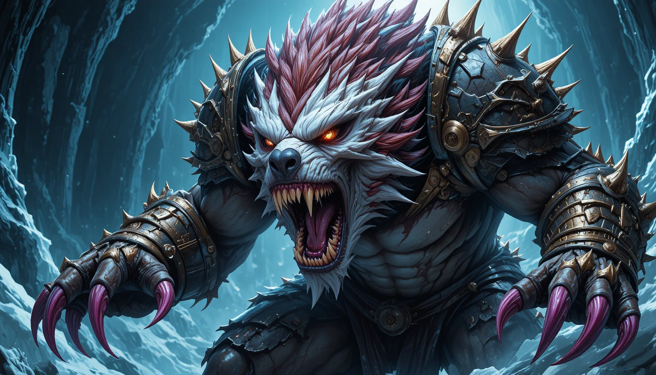 Armored werewolf snarling in a frozen cavern