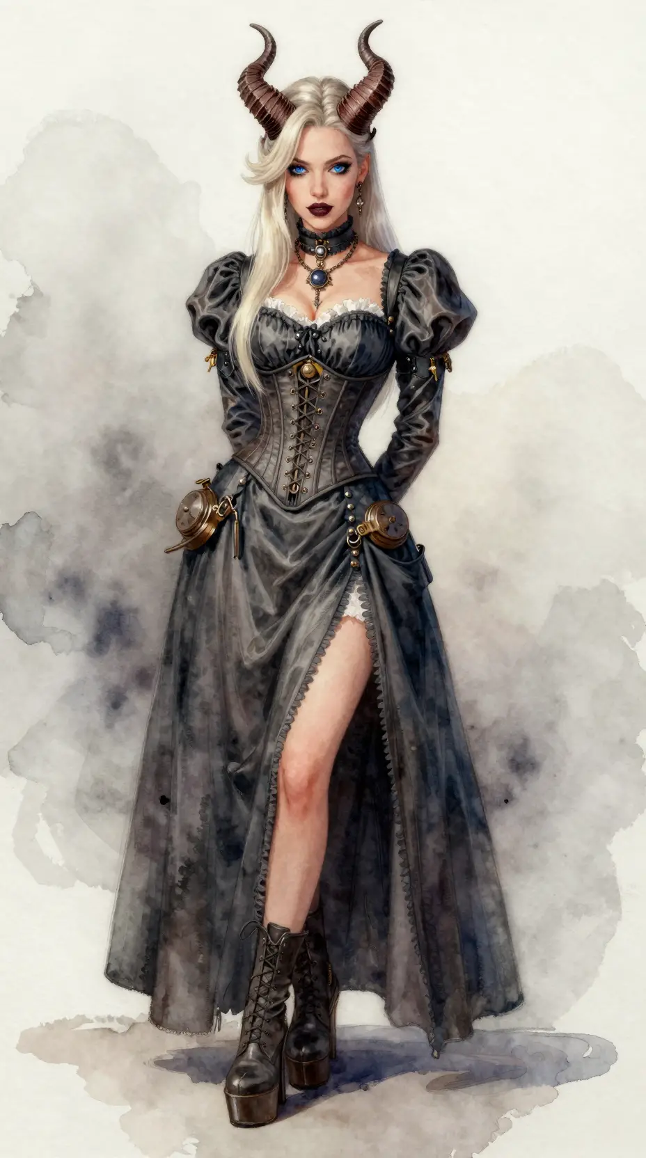 Donna fantasy in abito corsetto steampunk con corna