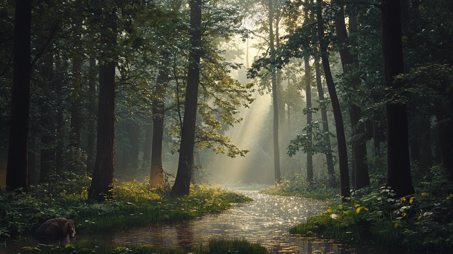 Bosque tranquilo tras la lluvia con suave luz de la mañana
