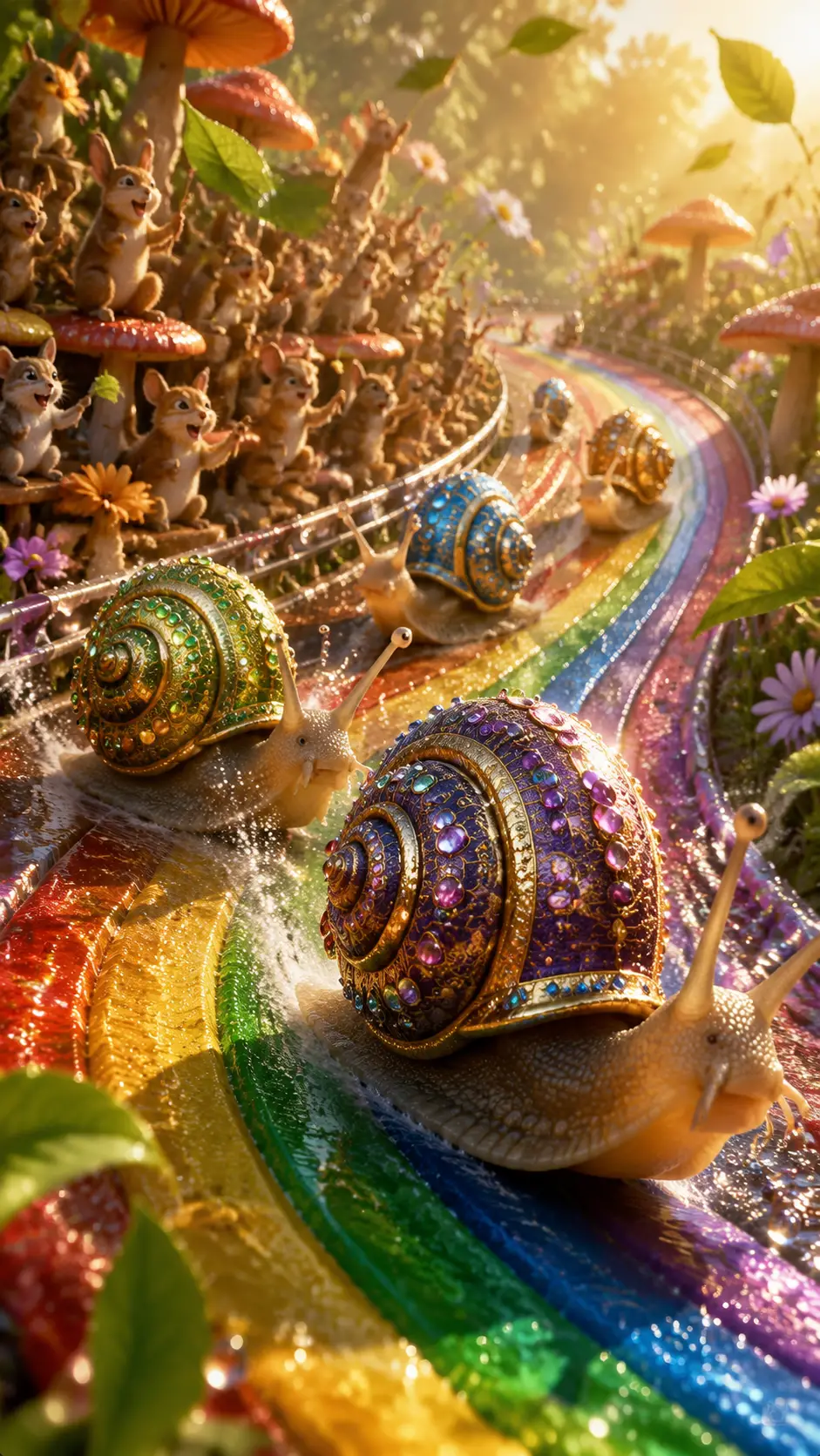 日出時在彩虹賽道上的奇幻蝸牛競賽