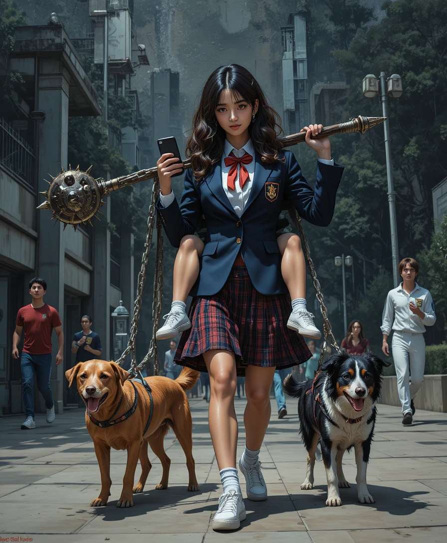 Joven con uniforme escolar empuñando un mayal de metal