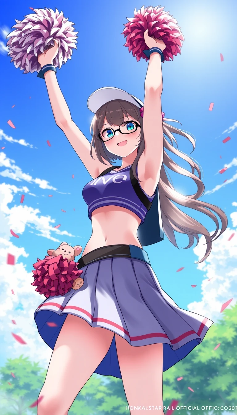 Chica Animadora de Anime Alegre Bajo un Cielo Azul Brillante