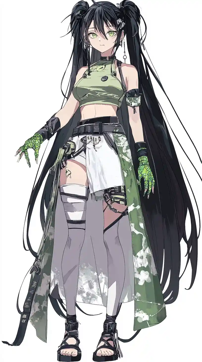 Anime girl in flowing green shirt and celestial white skirt