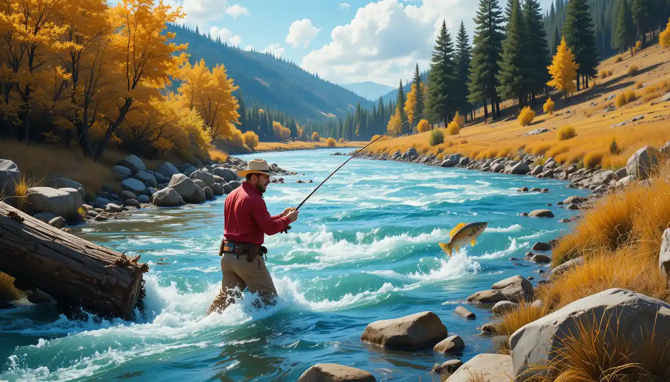 Hombre practicando pesca con mosca en un río turquesa de otoño