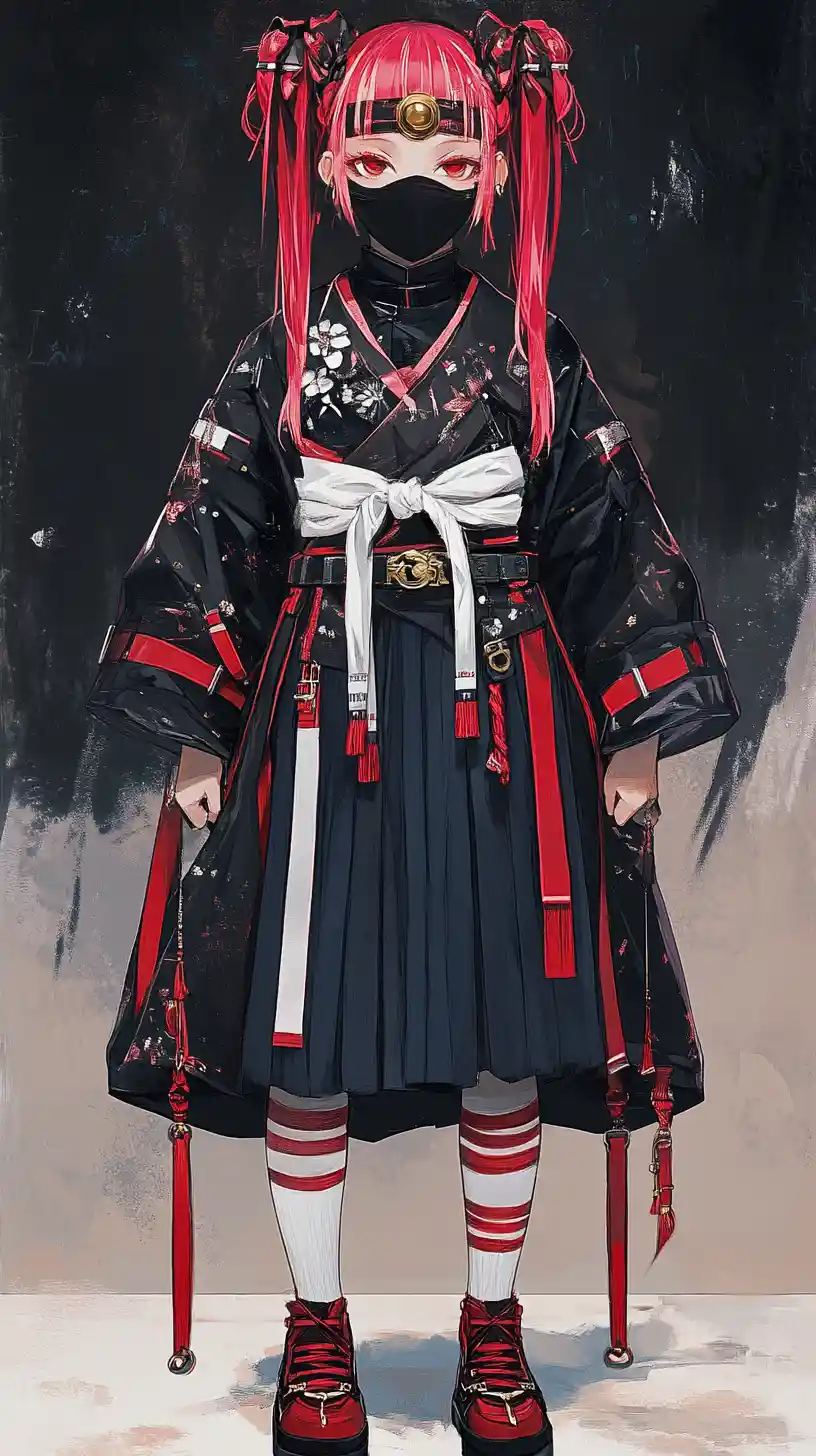 Chica de anime con abrigo de fantasía oscura y rostro enmascarado