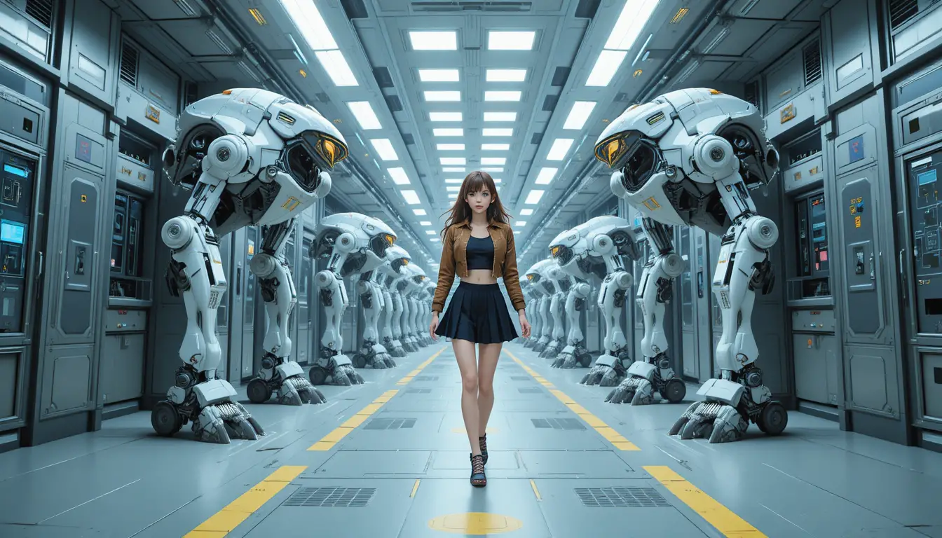 Anime-Heldin geht mit Robotern durch einen Sci-Fi-Korridor