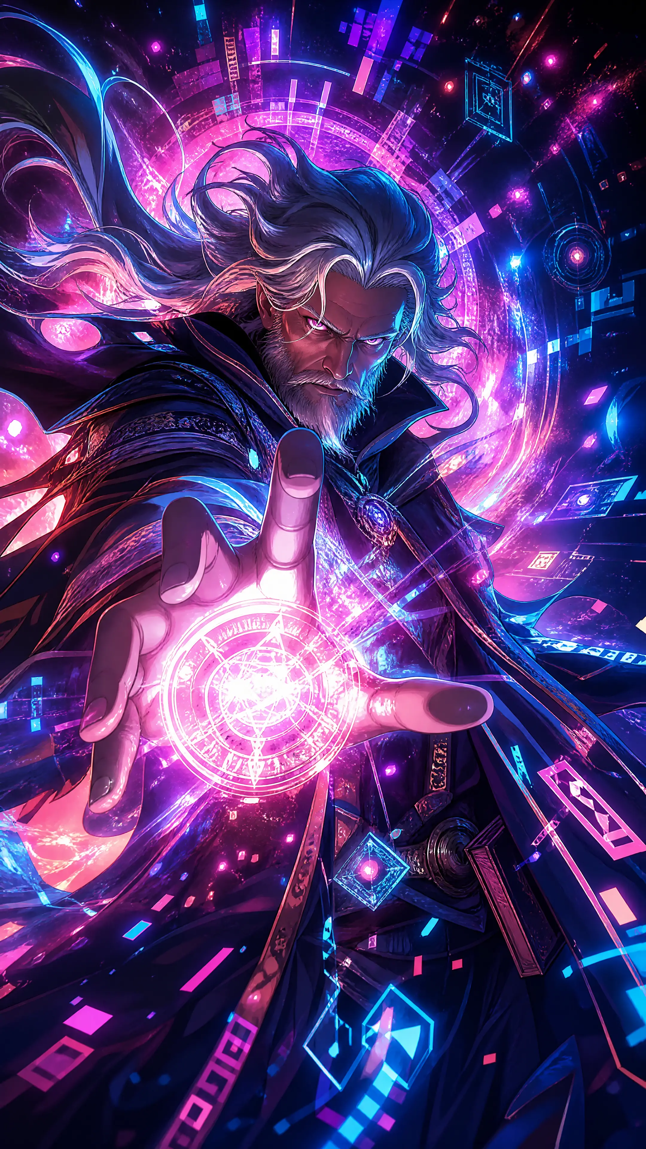 Fantasy wizard with cosmic neon energy in dynamic motion