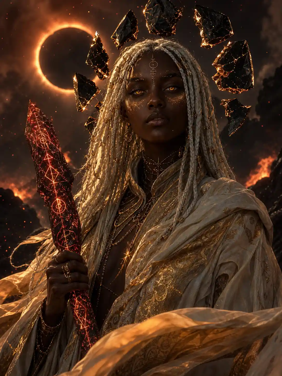 Mystical oracle woman in a dark volcanic cavern