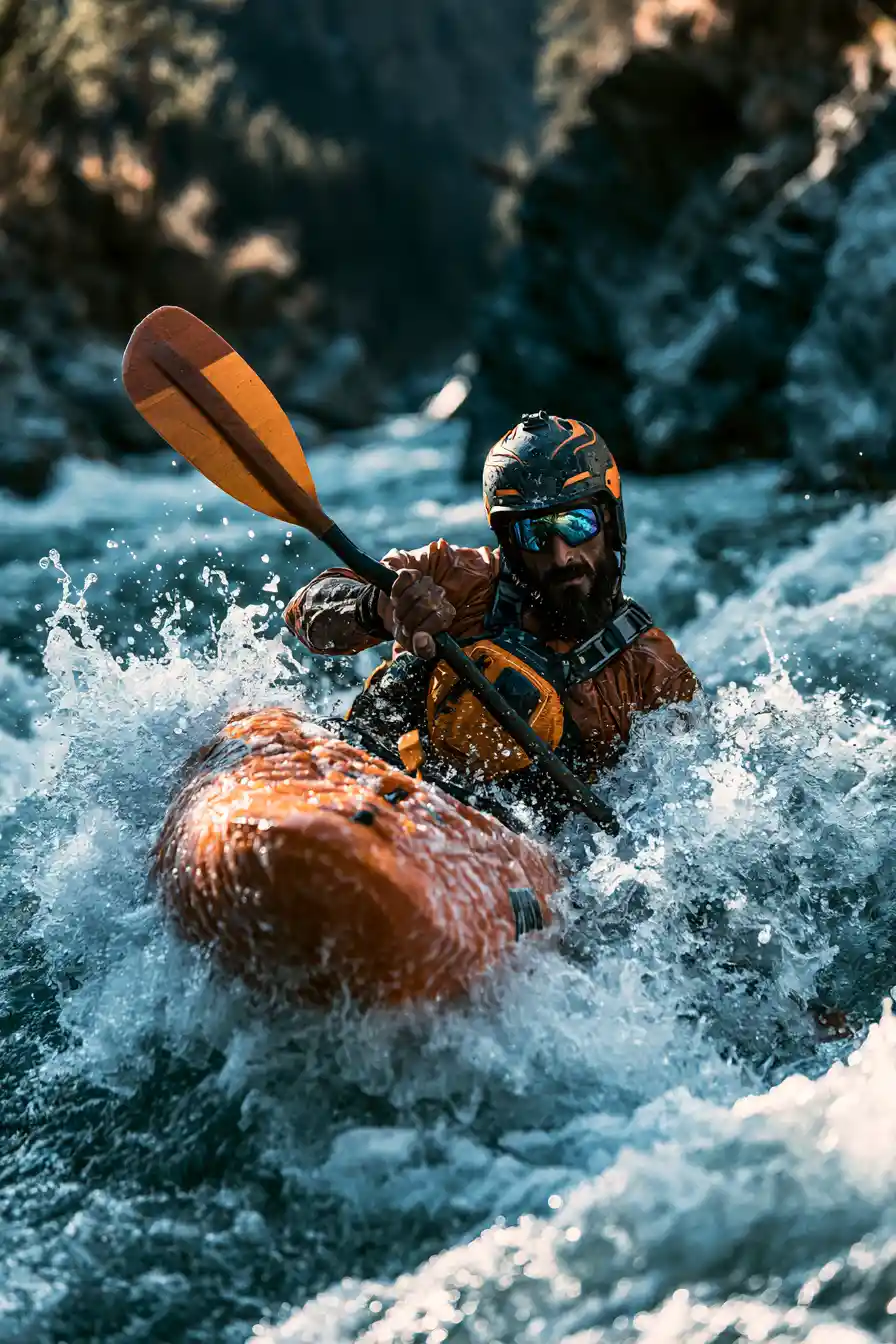 Adventurer kayaking through a fast river canyon in action