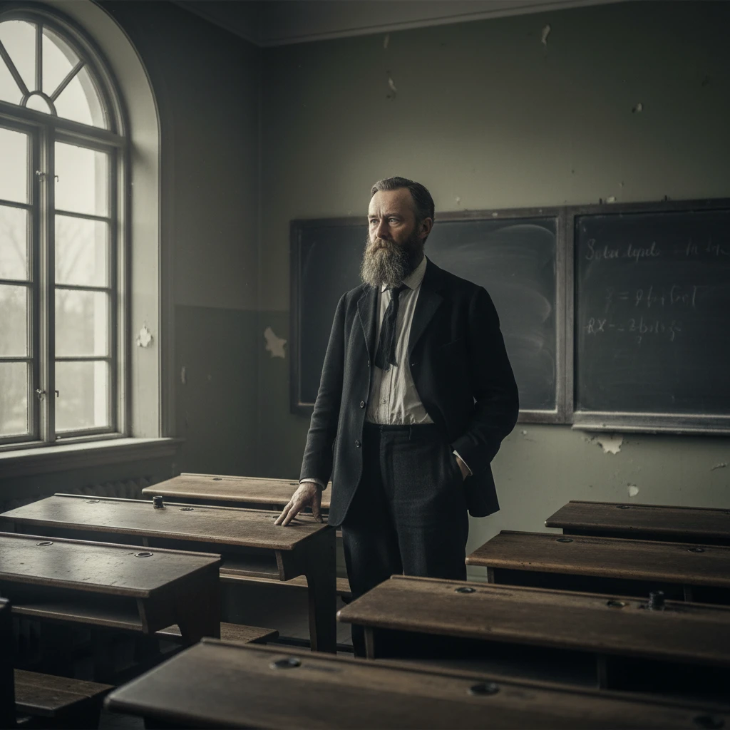 Stern swedish schoolteacher in a dim 1918 classroom