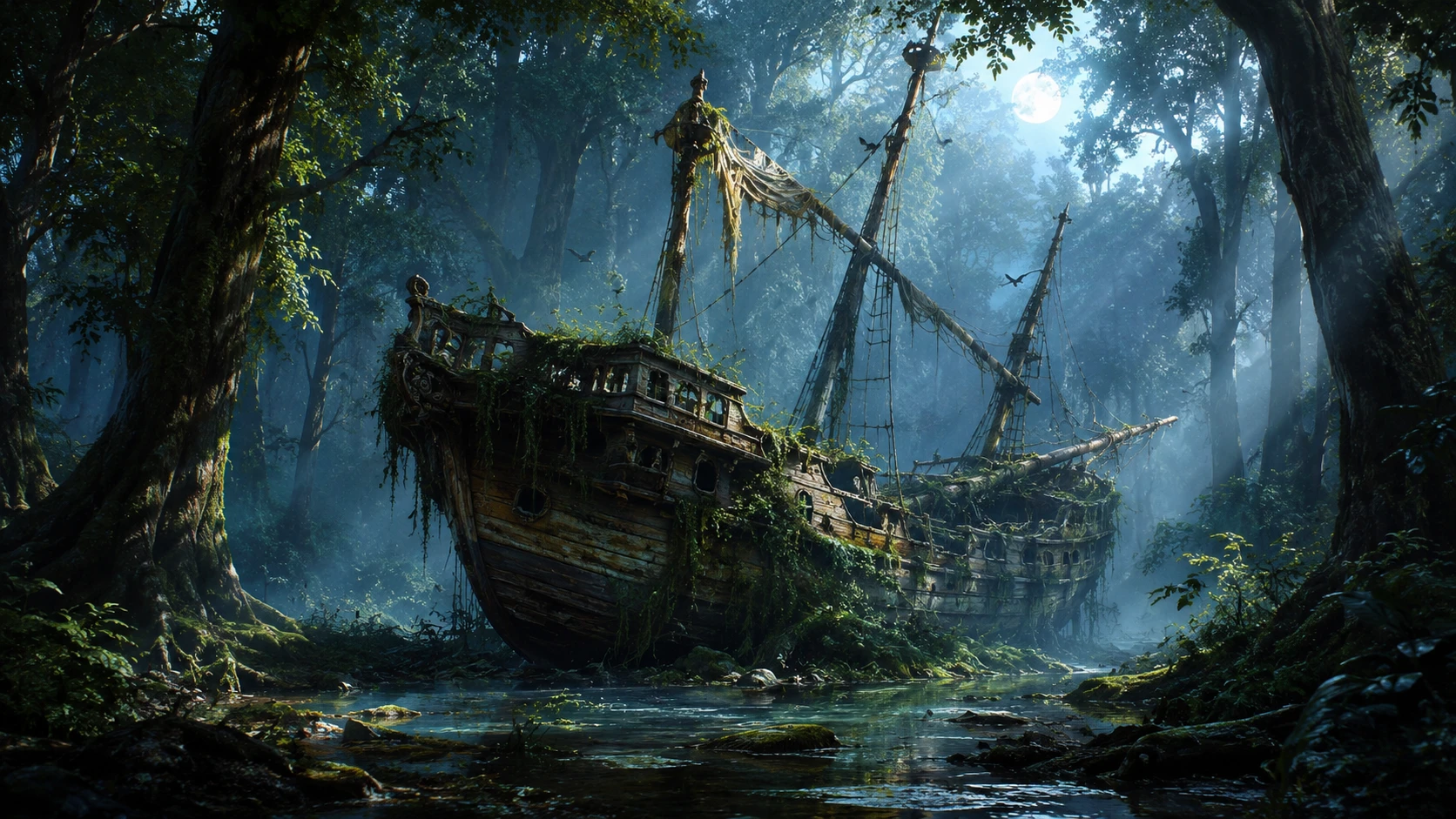 Barco antiguo surrealista en un claro tranquilo del bosque