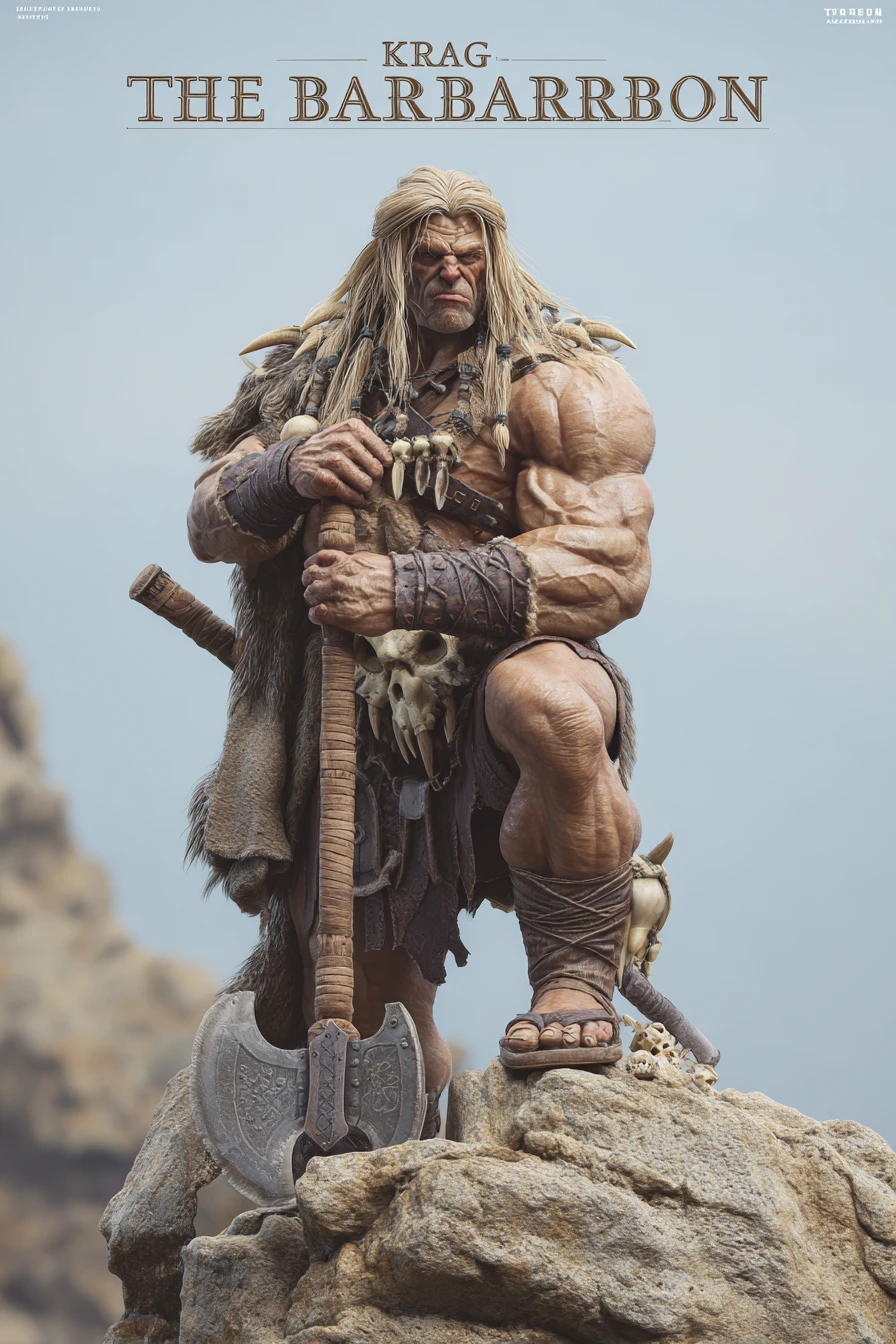 Muscular barbarian warrior on a rocky cliff with battle axe
