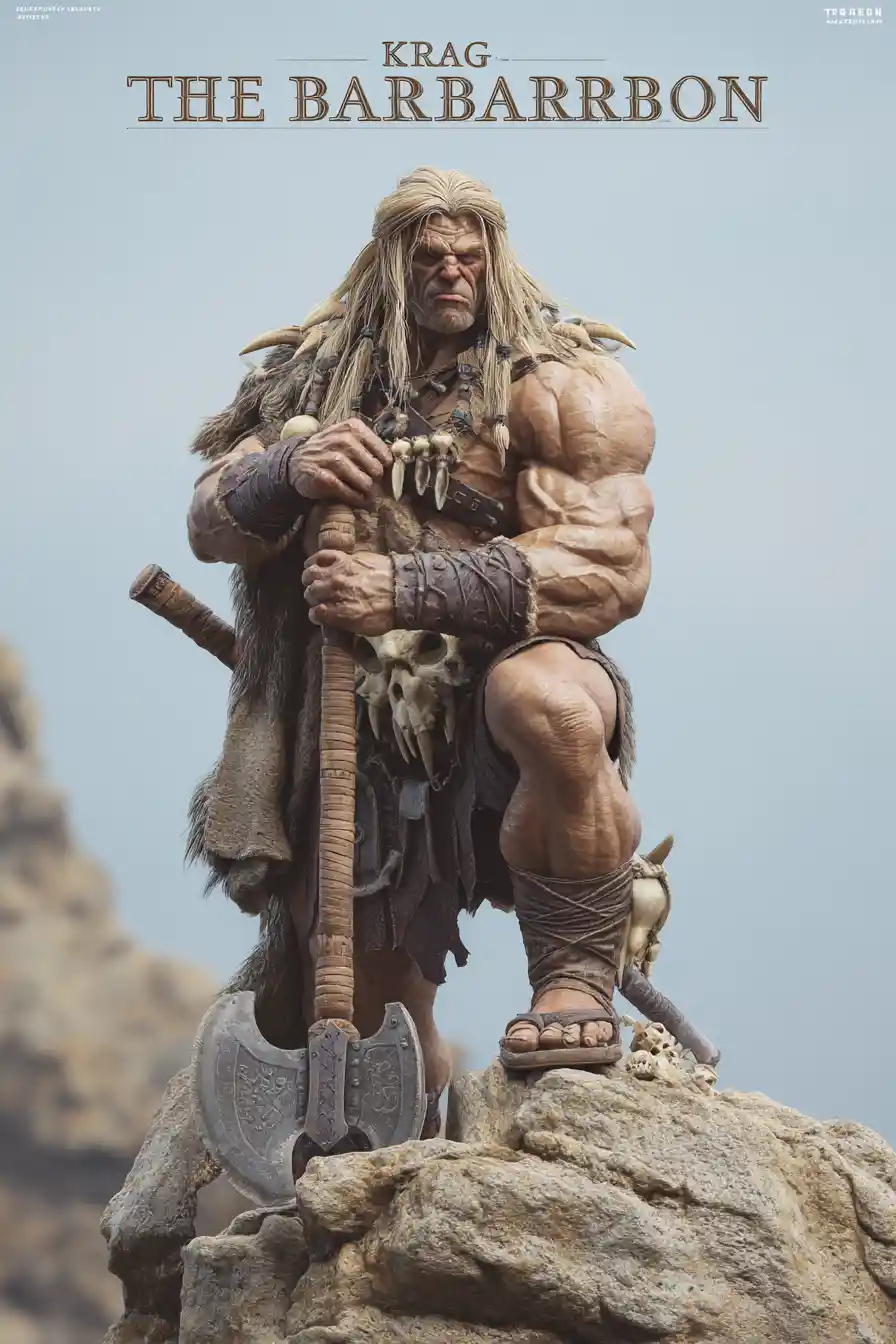 Muscular barbarian warrior on a rocky cliff with battle axe