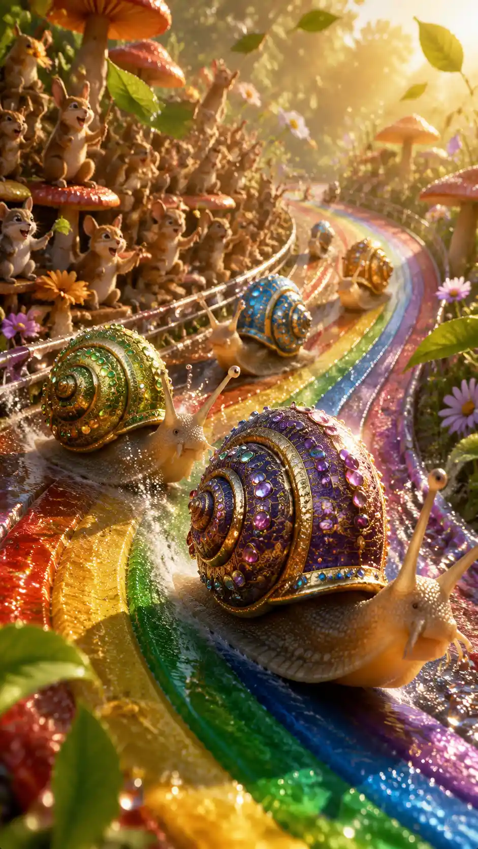 日出時在彩虹賽道上的奇幻蝸牛競賽