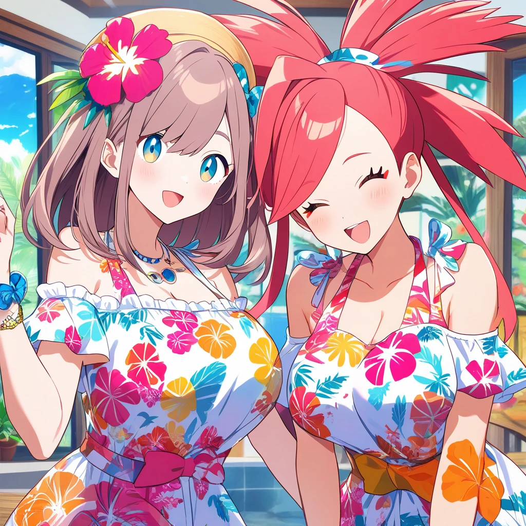 Chicas de anime con vestidos florales y flores tropicales