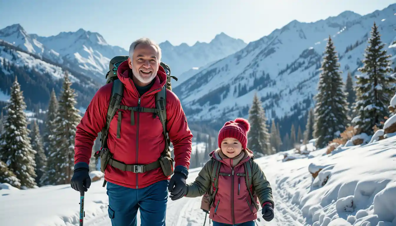 Familia sonriente de excursión juntos en un paisaje de montaña nevada