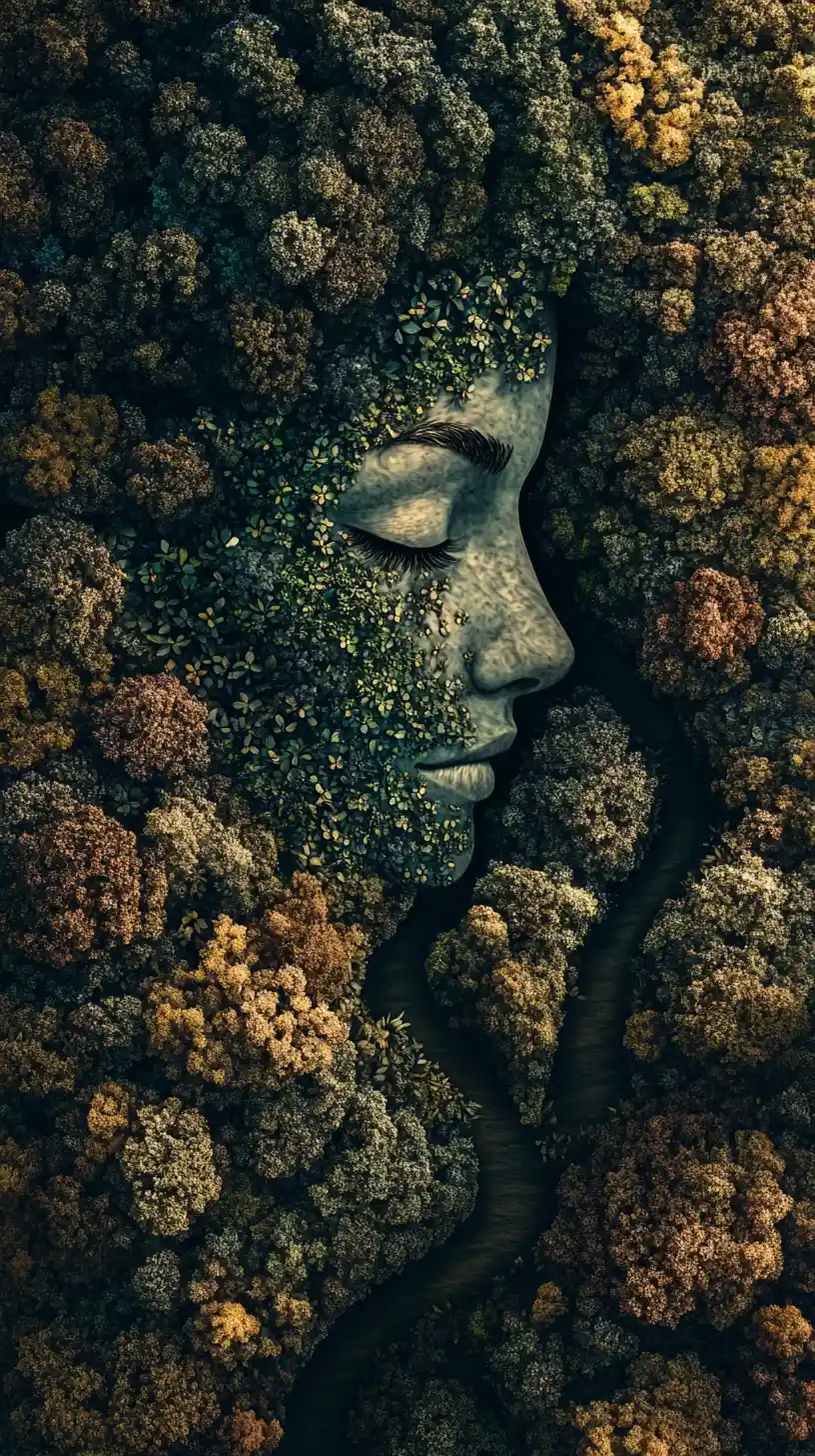 Vista aérea de un sendero en el bosque que forma un rostro oculto