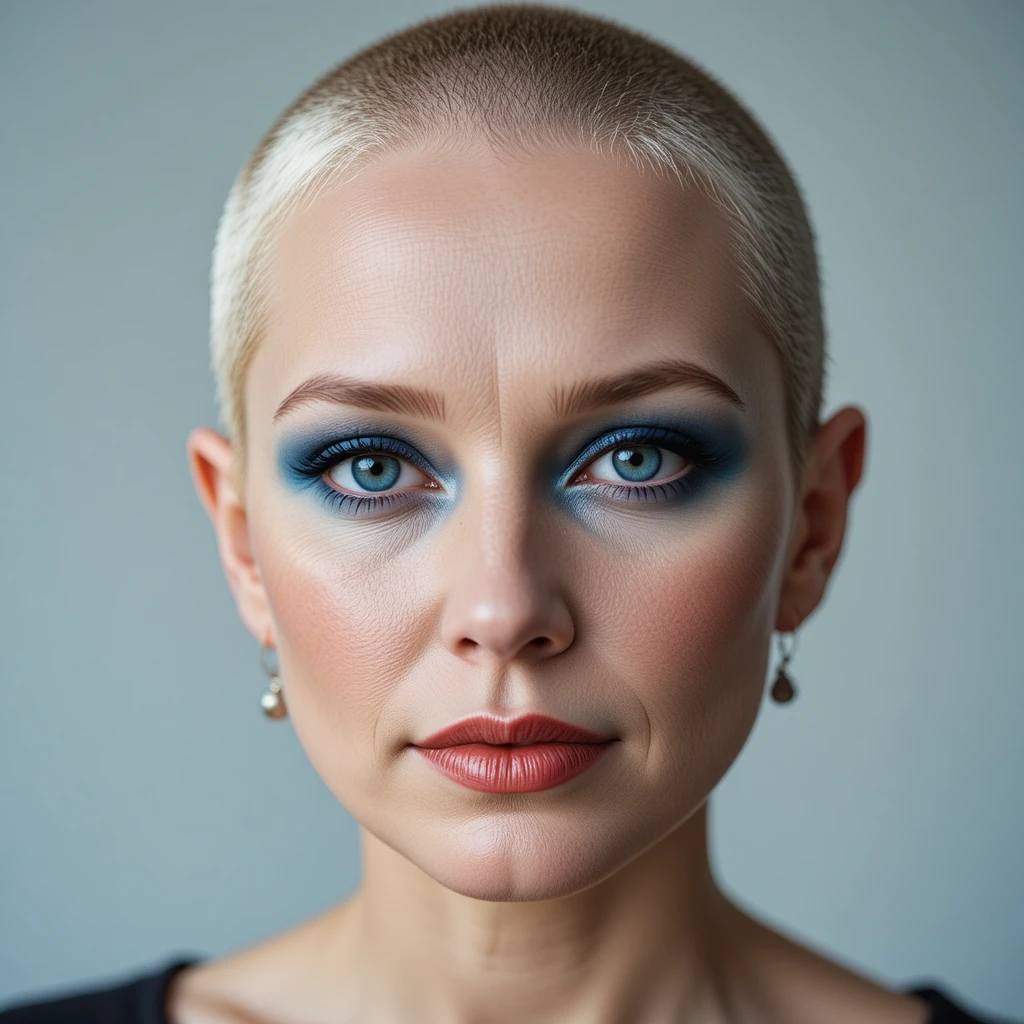 Elegante ältere blonde Frau mit rasiertem Kopf und roten Lippen