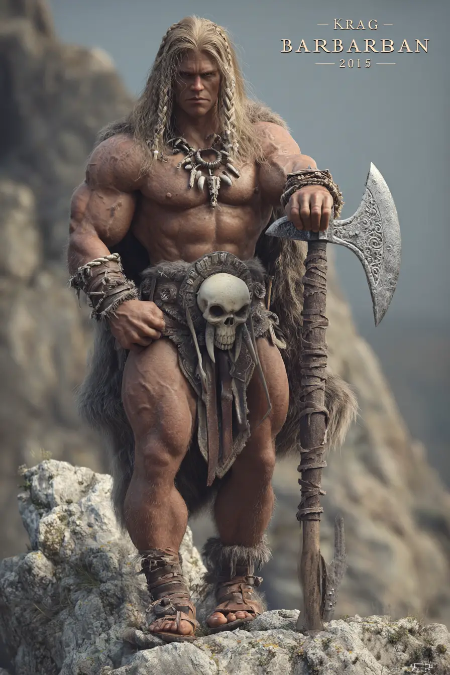 Muscular barbarian warrior on a rocky cliff with battle axe