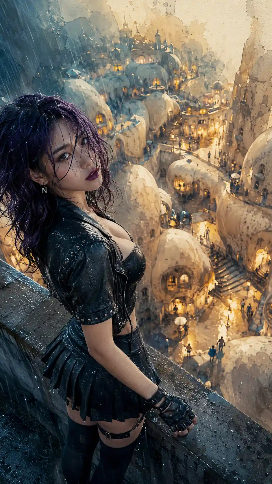 Mujer de cabello morado bajo la lluvia sobre una ciudad surrealista y luminosa