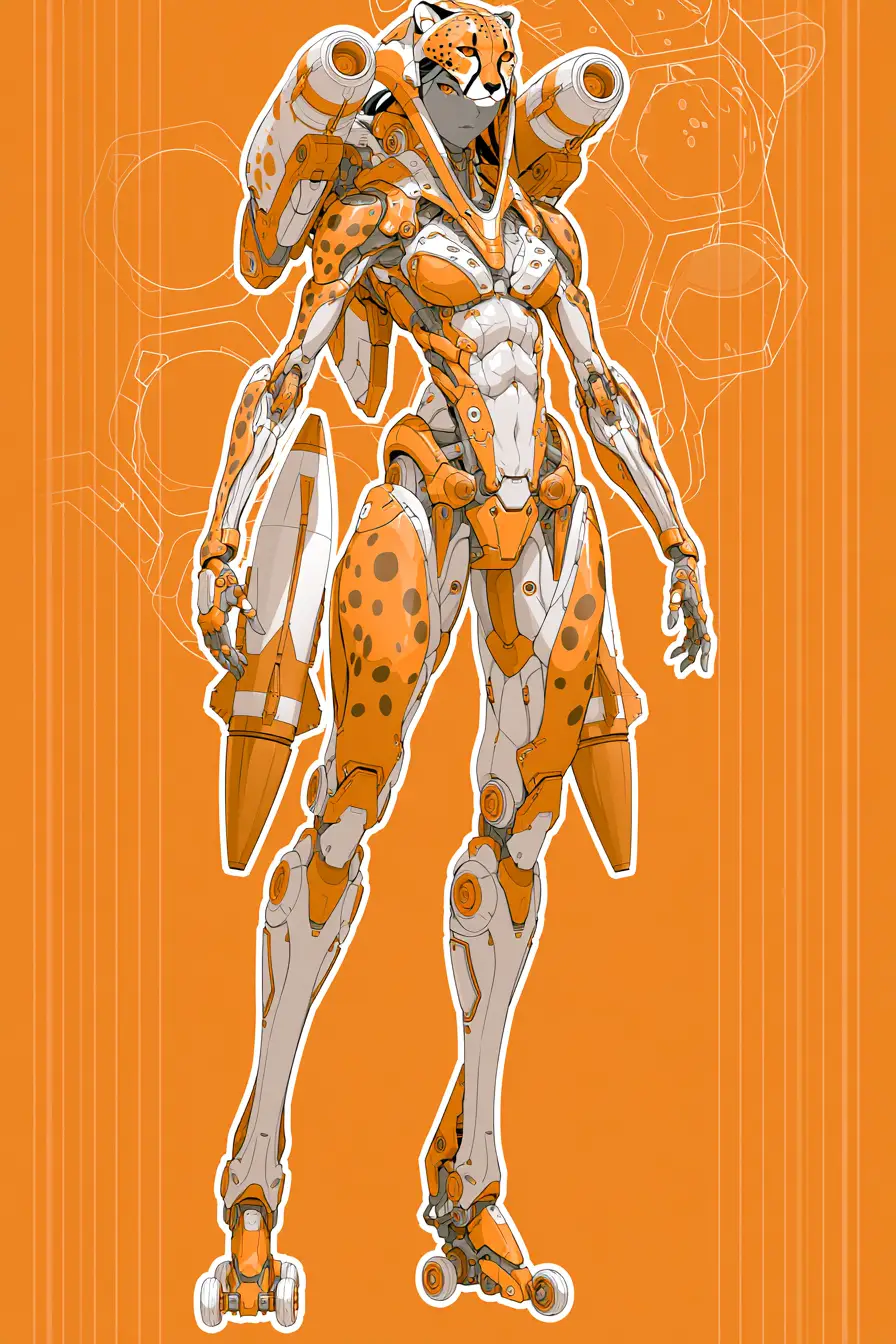 Grande femme d’anime en armure mécha à thème guépard