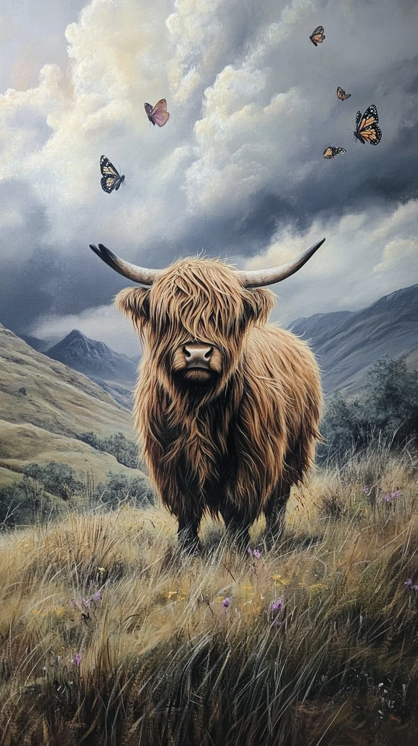 Vaca Highland de pie sobre colinas onduladas entre suaves nubes