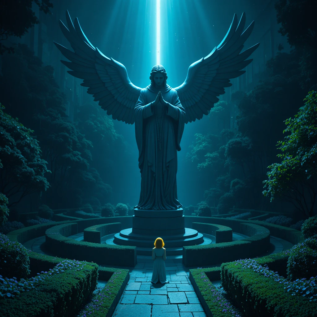 Estatua de ángel de piedra en un laberinto de jardín circular oscuro