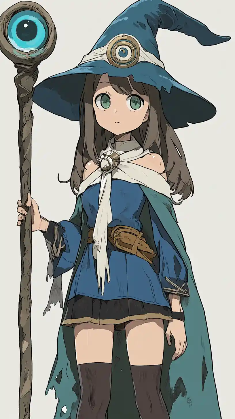 Anime witch girl with mystical eye staff and hat