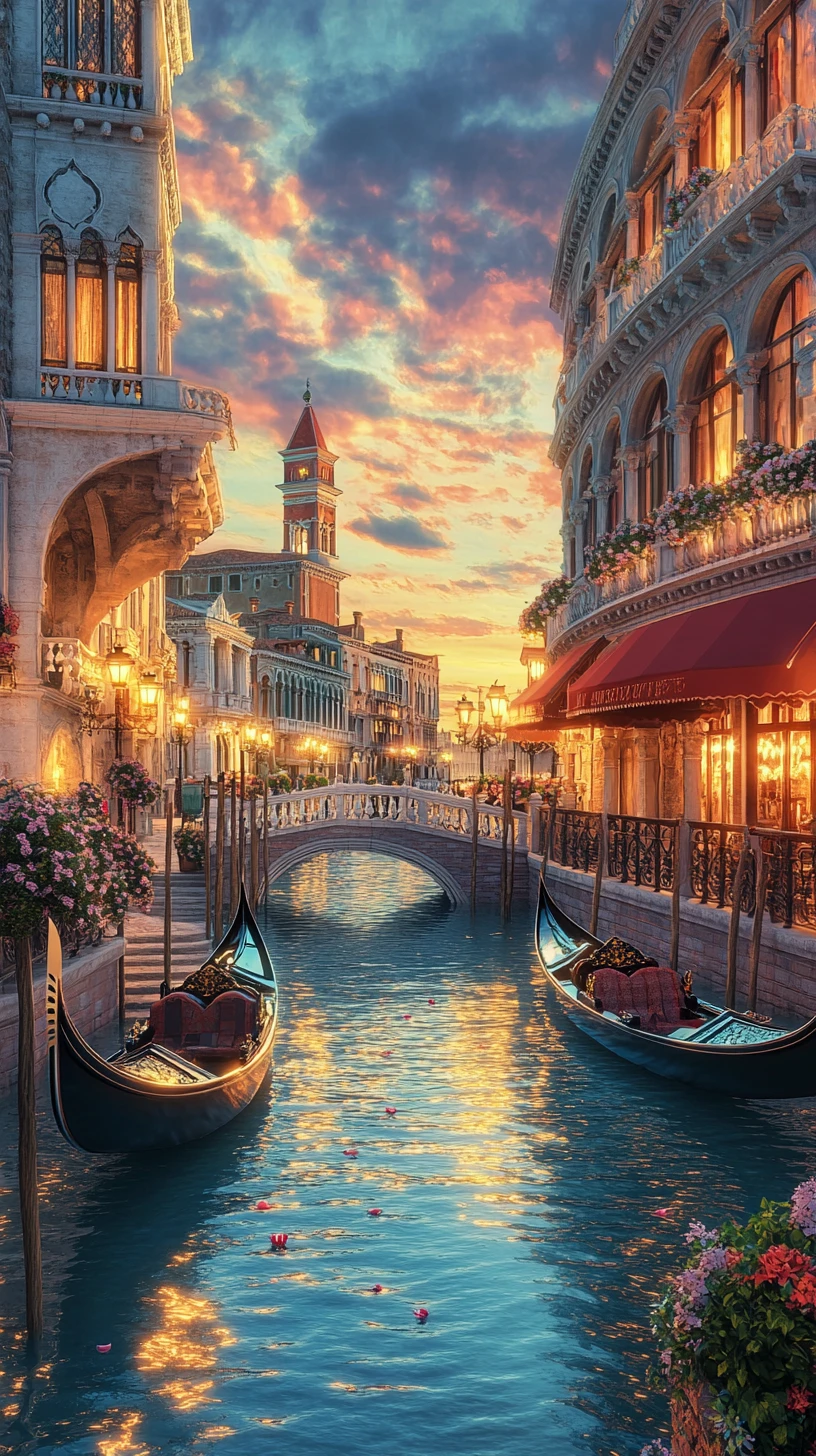 Romántico canal veneciano al atardecer con góndolas