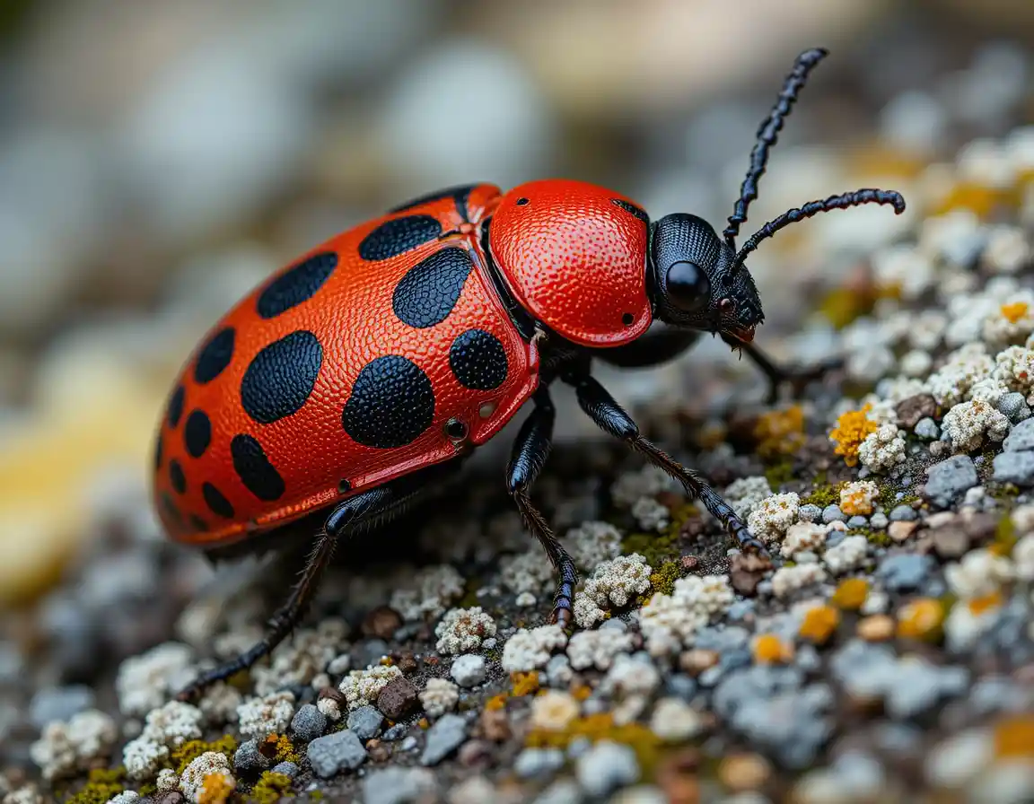 Makroansicht eines rot-schwarzen Feuerkäfers auf Flechte