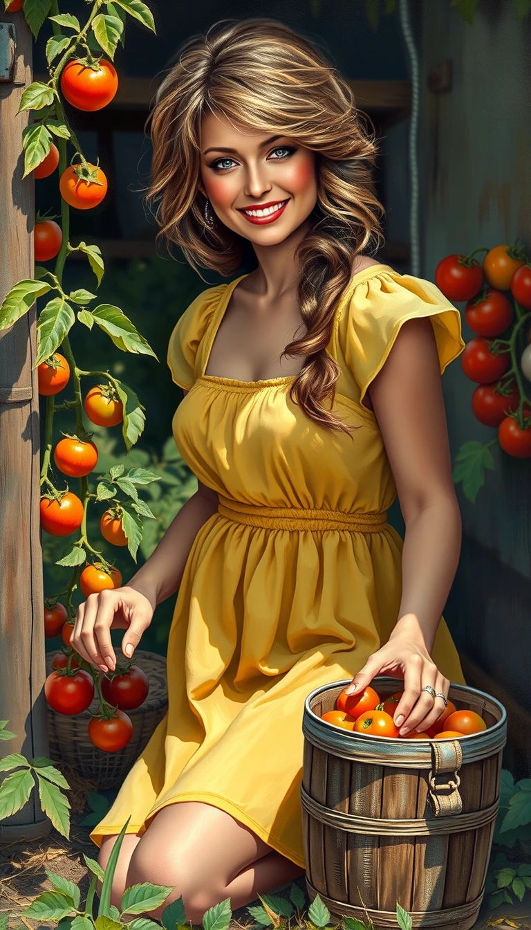 Chica italiana recogiendo tomates en un jardín soleado
