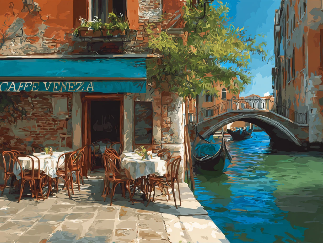 Cafetería junto al canal en Venecia con góndola y puente