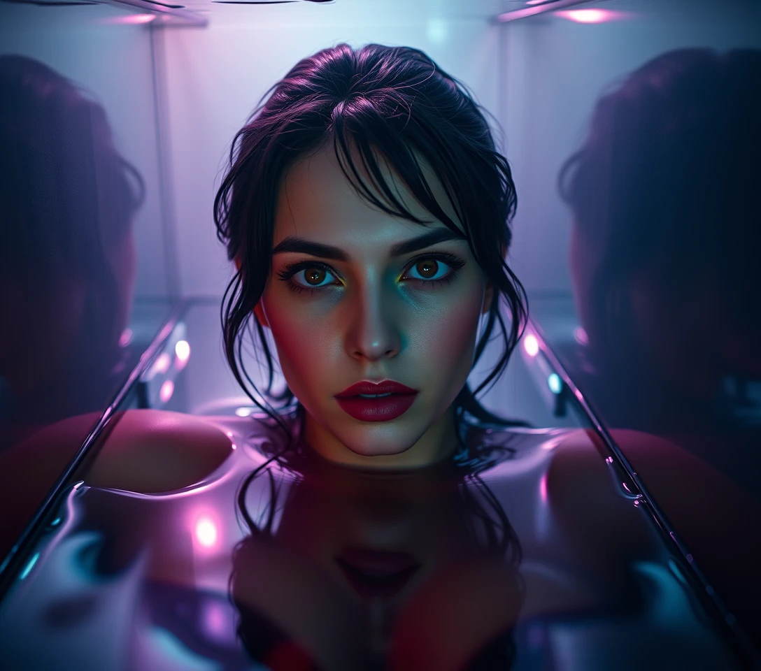 Retrato surrealista de una mujer en reflejos de espejo líquido