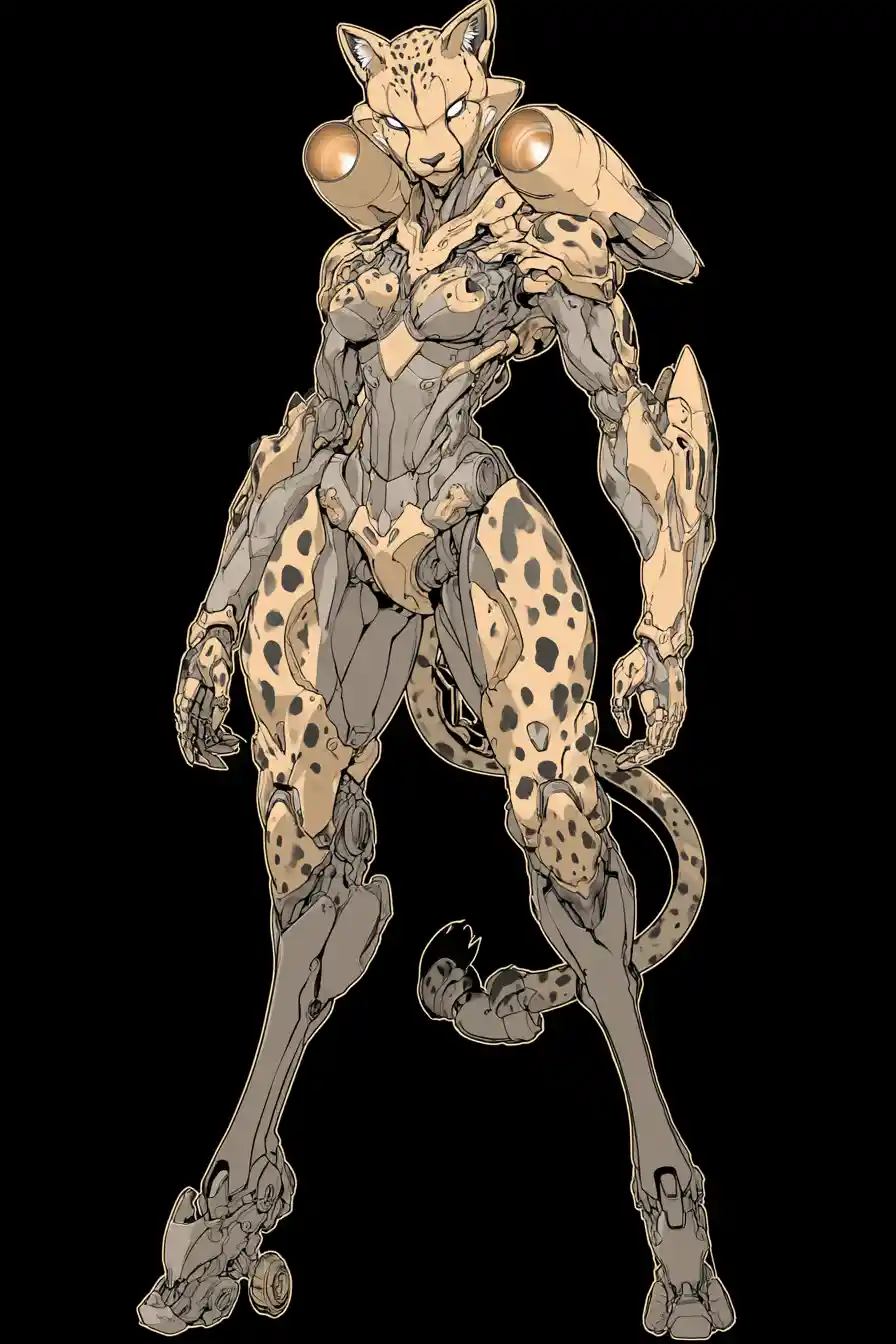 Mujer anime alta y musculosa con armadura mecha de temática guepardo